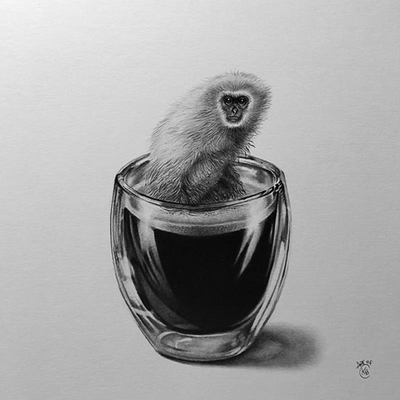 Peinture Gibbon par Benchebra Karim | Tableau Figuratif Fusain animaux, noir & blanc, scènes de vie