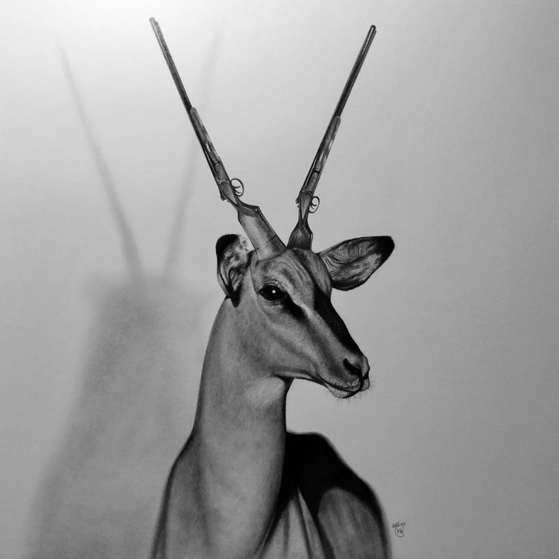 Peinture Hirola par Benchebra Karim | Tableau Figuratif Fusain animaux, noir & blanc, scènes de vie