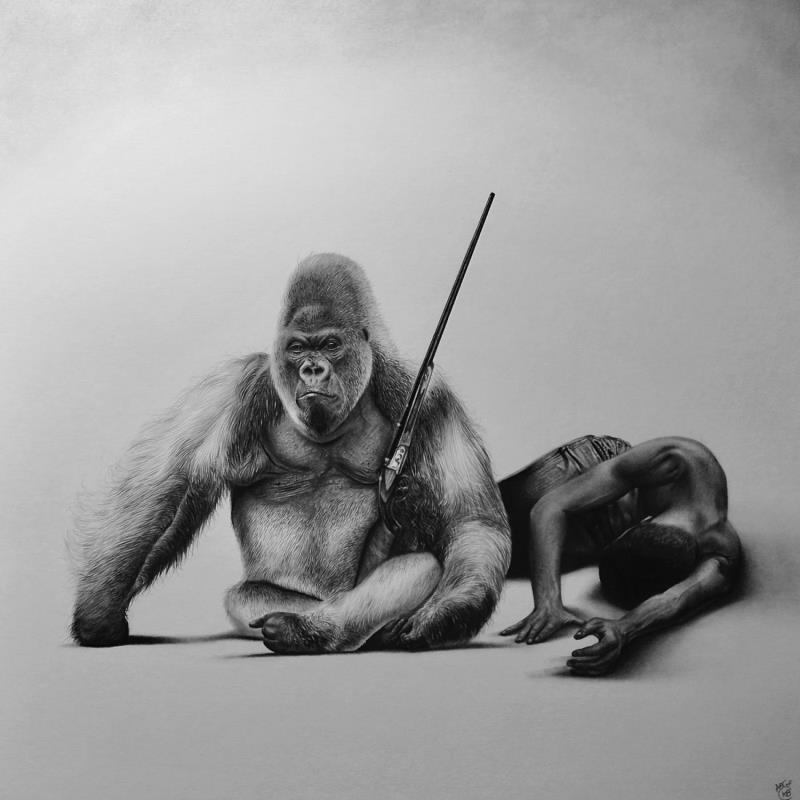 Peinture Gorille par Benchebra Karim | Tableau Figuratif Fusain animaux, noir & blanc, scènes de vie
