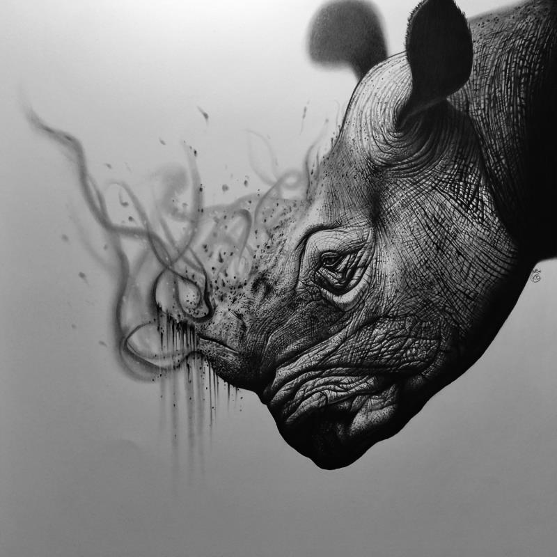 Gemälde Rhinocéros von Benchebra Karim | Gemälde Figurativ Zeichenkohle Alltagsszenen, Schwarz & Weiß, Tiere