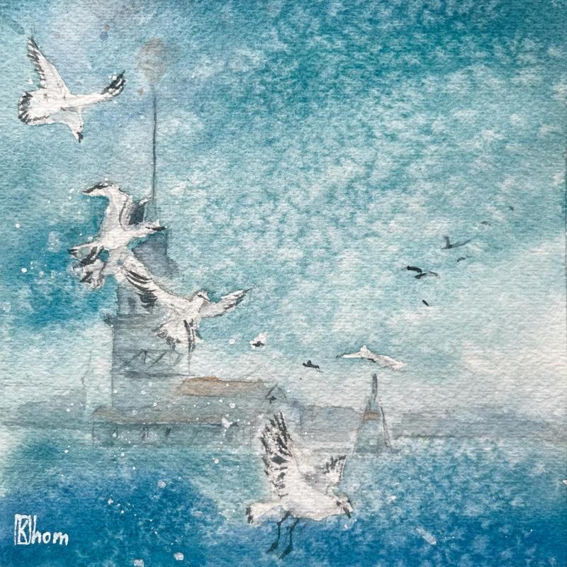 Painting Seagulls on the sea by Lida Khomykova | Painting Figurative Watercolor Landscapes, Marine