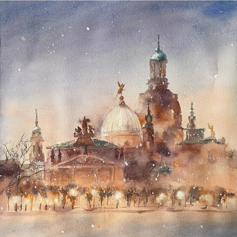 Painting Dresden winter evening by Lida Khomykova | Painting Figurative Urban Watercolor