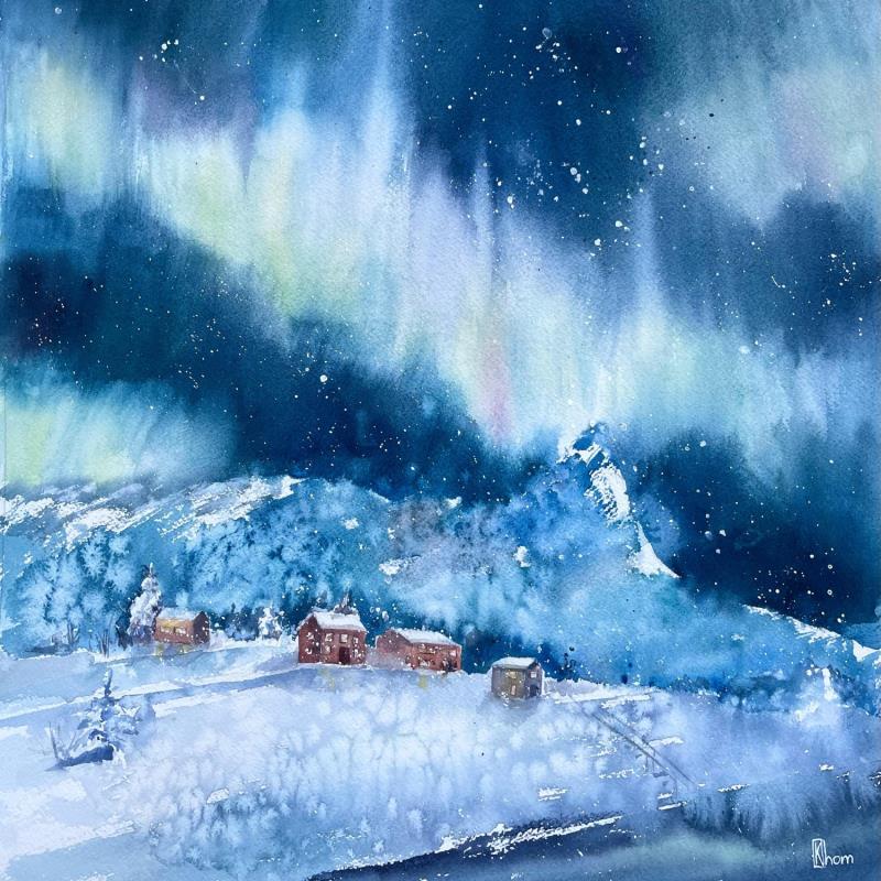 Painting Northern lights  by Lida Khomykova | Painting Figurative Watercolor Landscapes