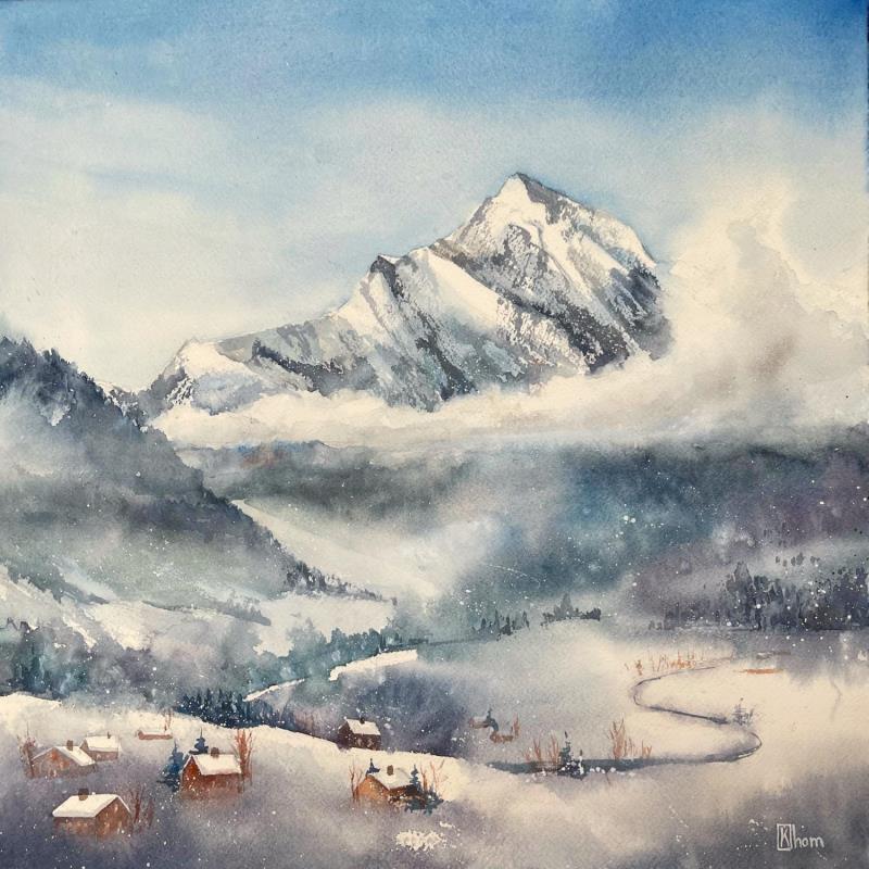 Painting Winter in the mountains by Lida Khomykova | Painting Watercolor