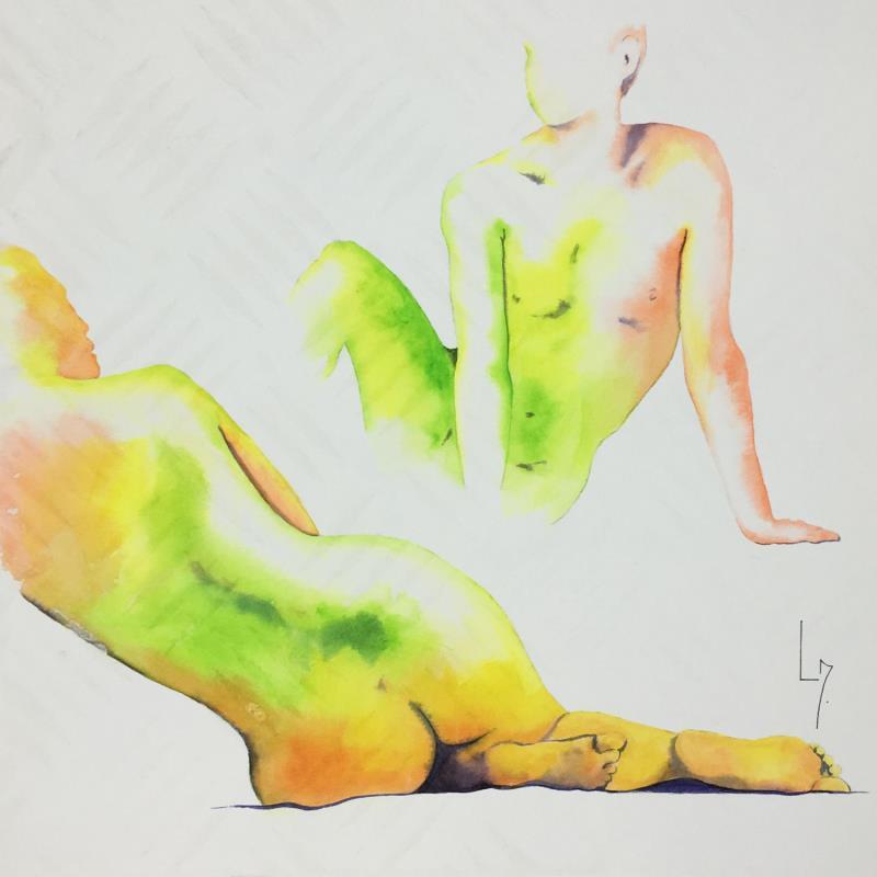 Painting Nus couple 2 Astrid et Mark by Loussouarn Michèle | Painting Figurative Watercolor Nude