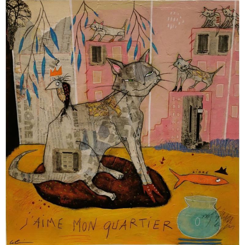 Painting J'aime mon quartier by Colin Sylvie | Painting Raw art Animals Acrylic Gluing Pastel