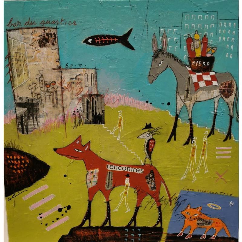 Peinture 6 p.m. Apéro par Colin Sylvie | Tableau Art Singulier Acrylique, Collage, Pastel animaux