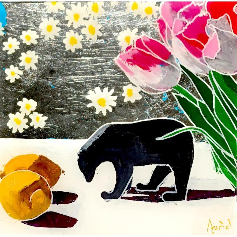 Gemälde L'ours et les tulipes von Auriol Philippe | Gemälde Figurativ Acryl, Plexiglas, Posca Stillleben