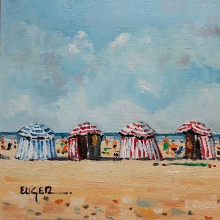 Painting PARASOLS RAYES A TROUVILLE by Euger | Painting Figurative Oil Landscapes, Life style, Marine