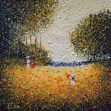 Peinture Insouciance enfantine dans les coquelicots par Elika | Tableau Figuratif Mixte Paysages, scènes de vie