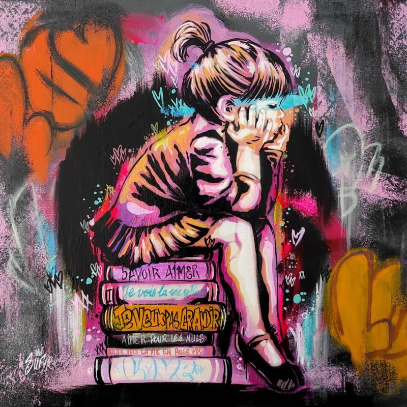 Peinture La petite fille pensive street version par Sufyr | Tableau Street Art Scènes de vie Graffiti Bois Acrylique