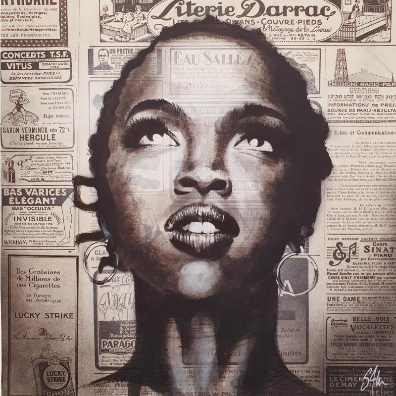 Painting Lauryn Hill by S4m | Painting Street art Portrait Cardboard Acrylic Gluing Pastel