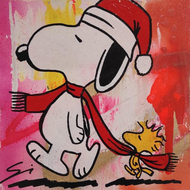 Painting Ready for xmas Snoopy by Mestres Sergi | Painting Pop-art Pop icons Graffiti Cardboard