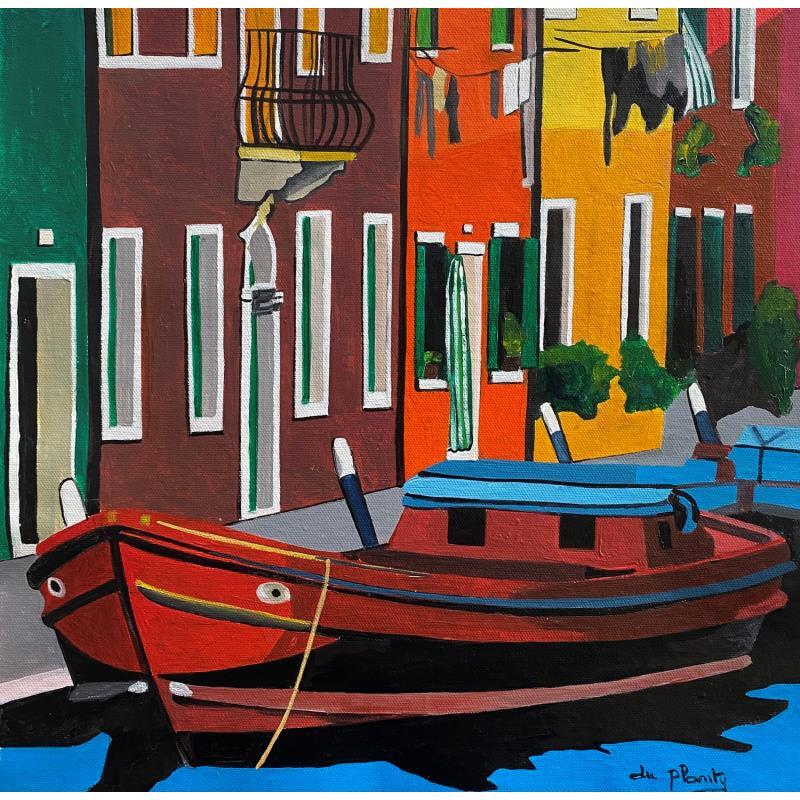 Painting Burano le bateau rouge by Du Planty Anne | Painting Figurative Acrylic Marine, Urban