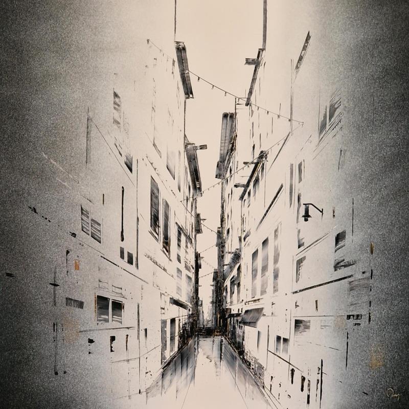Painting City Of Love by Rey Julien | Painting Figurative Urban Black & White Cardboard Acrylic