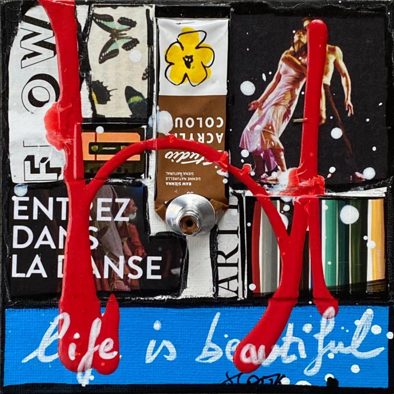 Peinture Life is beautiful par Costa Sophie | Tableau Pop-art Acrylique Collage Posca Upcycling