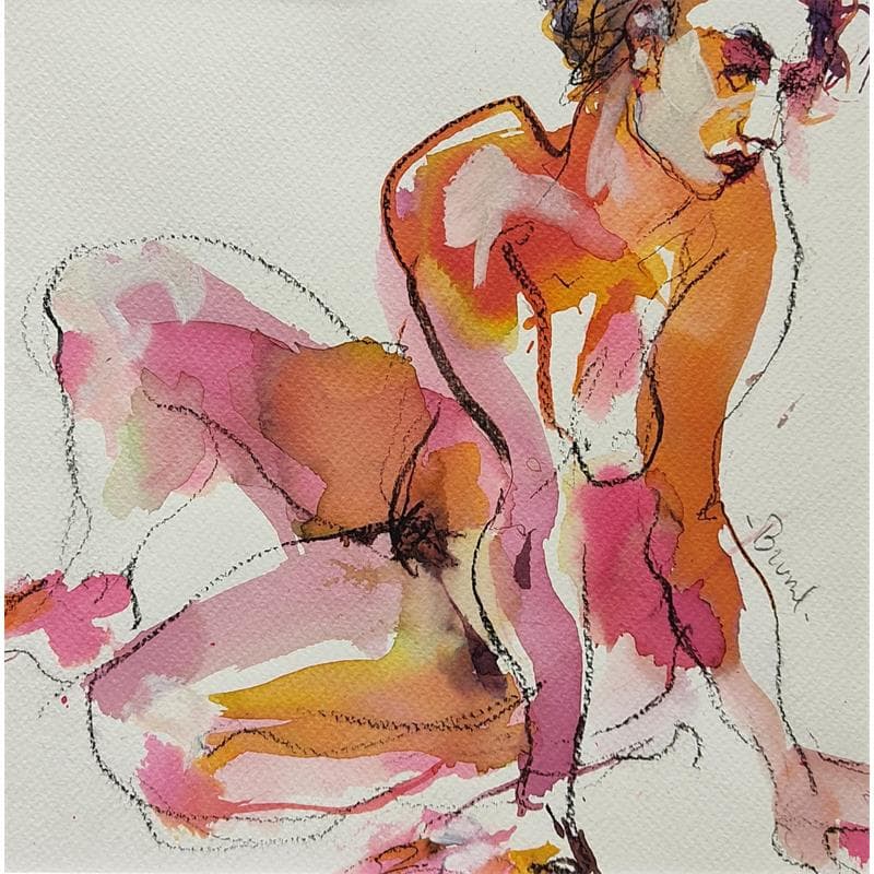 Painting charlotte appuyée sur les deux mains by Brunel Sébastien | Painting Figurative Nude Watercolor