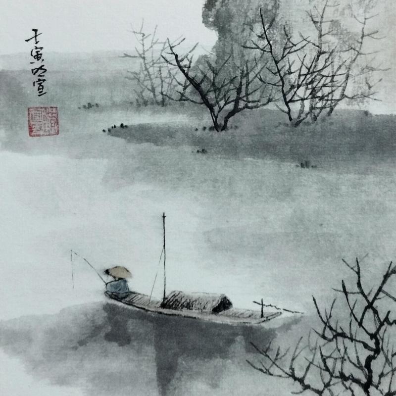 Painting Fishing on lake in autumn by Du Mingxuan | Painting Figurative Landscapes Watercolor