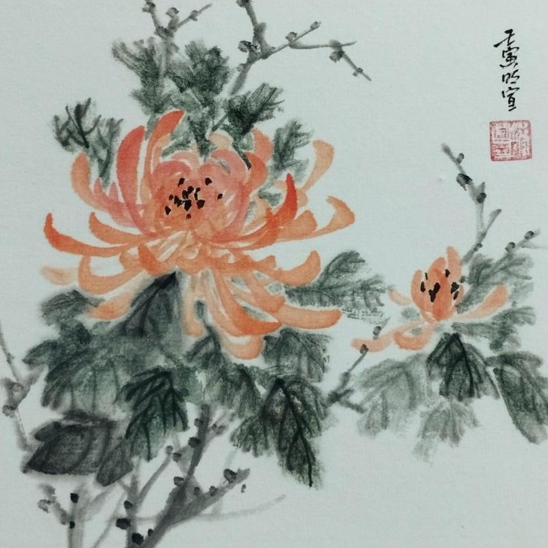 Painting Chrysanthemum by Du Mingxuan | Painting Figurative Landscapes Watercolor