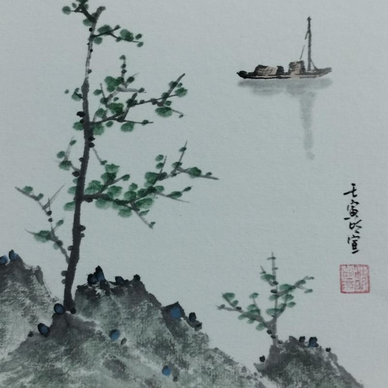 Painting Boat on lake by Du Mingxuan | Painting Figurative Landscapes Watercolor