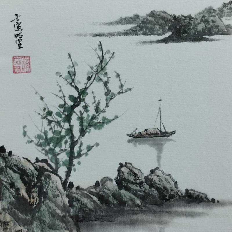 Painting Boat on lake by Du Mingxuan | Painting Figurative Landscapes Watercolor
