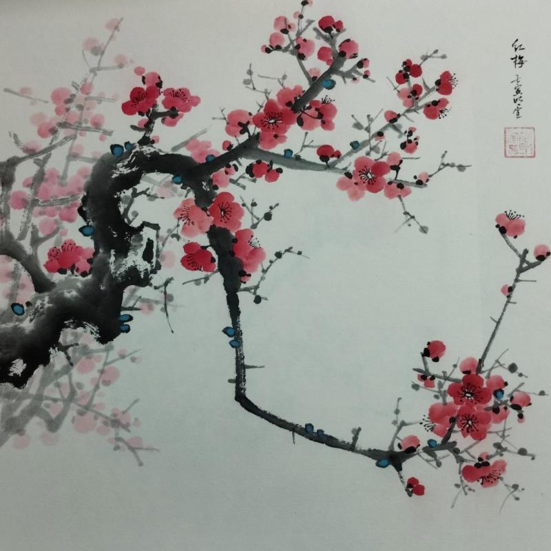 Peinture Red blossom par Du Mingxuan | Tableau Figuratif Paysages Aquarelle