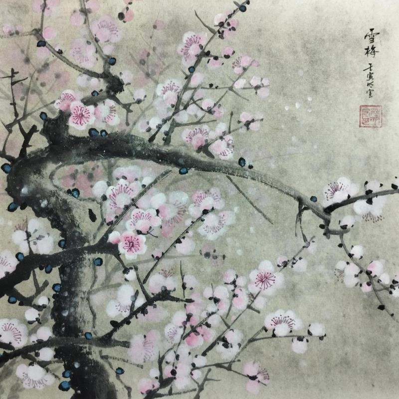 Painting Pink blossom under snow by Du Mingxuan | Painting Figurative Watercolor Landscapes