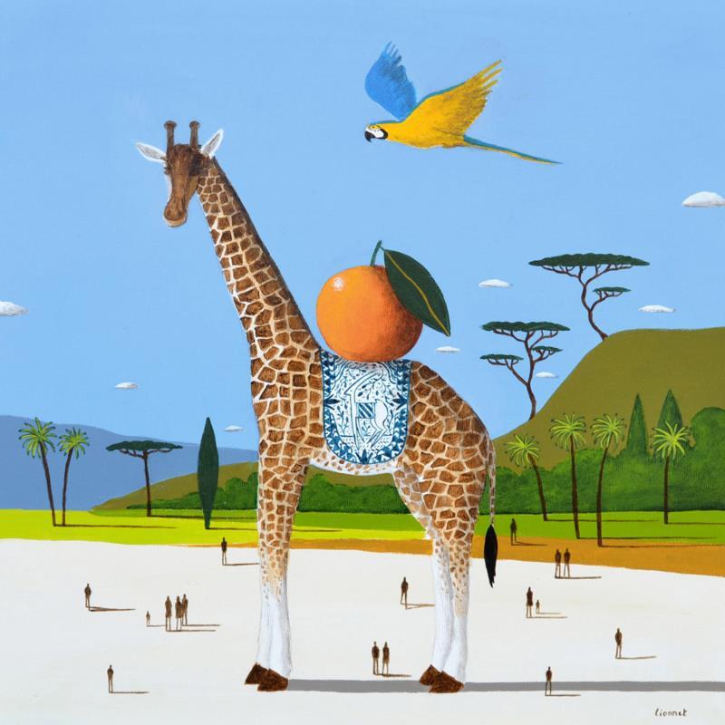 Gemälde Girafe à l'orange et ara jaune von Lionnet Pascal | Gemälde Figurativ Landschaften Alltagsszenen Tiere Acryl