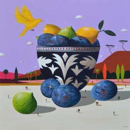 Painting Coupe de fruits et canari by Lionnet Pascal | Painting Surrealism Acrylic Landscapes, Life style, still-life