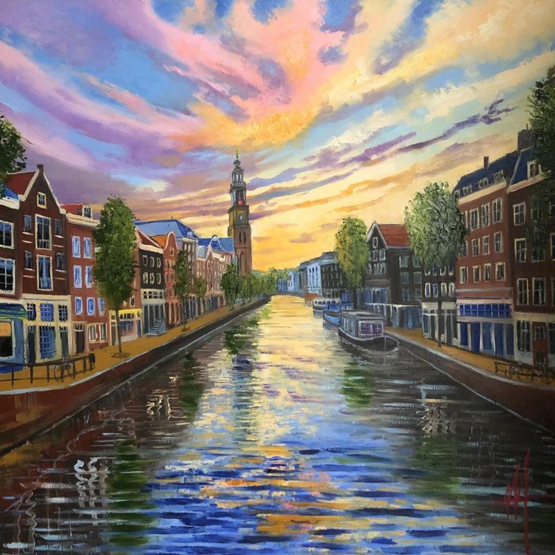 Painting Amsterdam, prinsengracht fiery sky by De Jong Marcel | Painting Figurative Oil