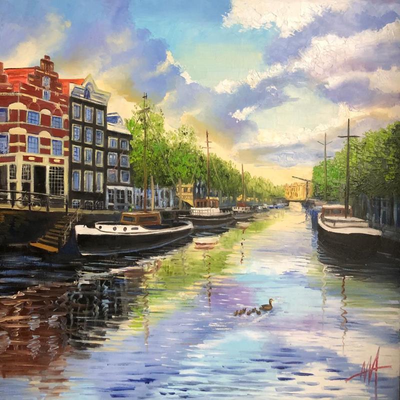 Painting amsterdam,brouwersgracht view by De Jong Marcel | Painting Figurative Oil Landscapes, Urban