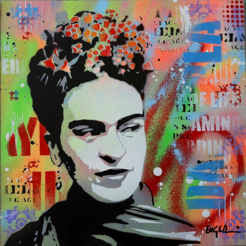 Gemälde FRIDA KAHLO von Euger Philippe | Gemälde Pop-Art Pop-Ikonen Graffiti Pappe Acryl Collage
