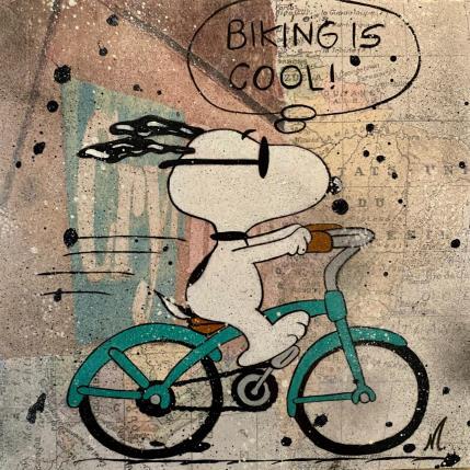 Gemälde Snoopy biking von Marie G.  | Gemälde Pop-Art Acryl Pop-Ikonen