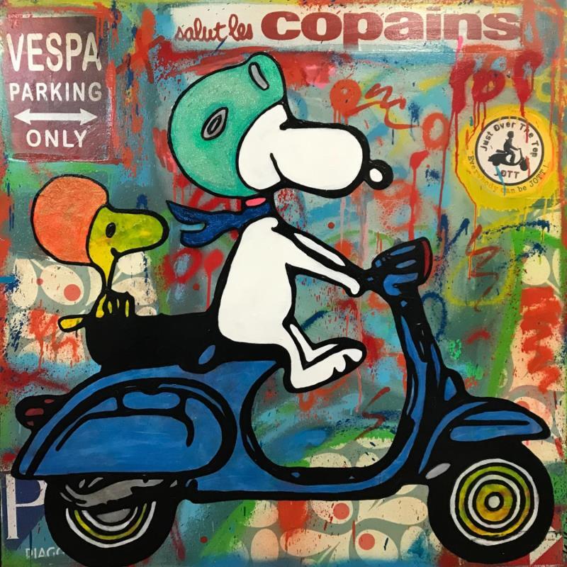Peinture Snoopy et woodstock en vespa  par Kikayou | Tableau Pop-art Graffiti Icones Pop