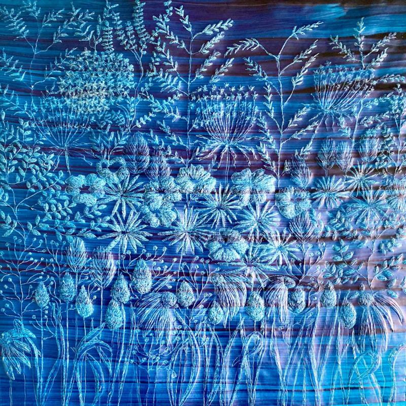 Peinture Fleurs bleues par Caviale Marie | Tableau Matiérisme Minimaliste