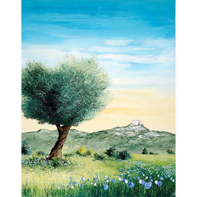 Peinture Olivier et fleurs bleues par Blandin Magali | Tableau Figuratif Paysages Huile