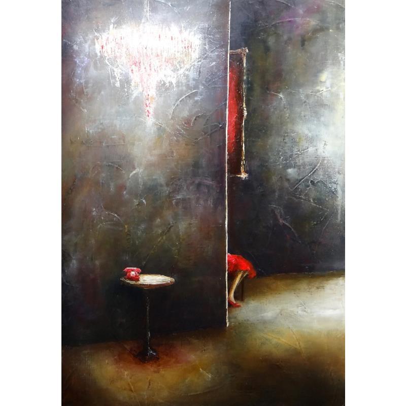 Gemälde Le téléphone rouge von Mezan de Malartic Virginie | Gemälde Figurativ Alltagsszenen Öl