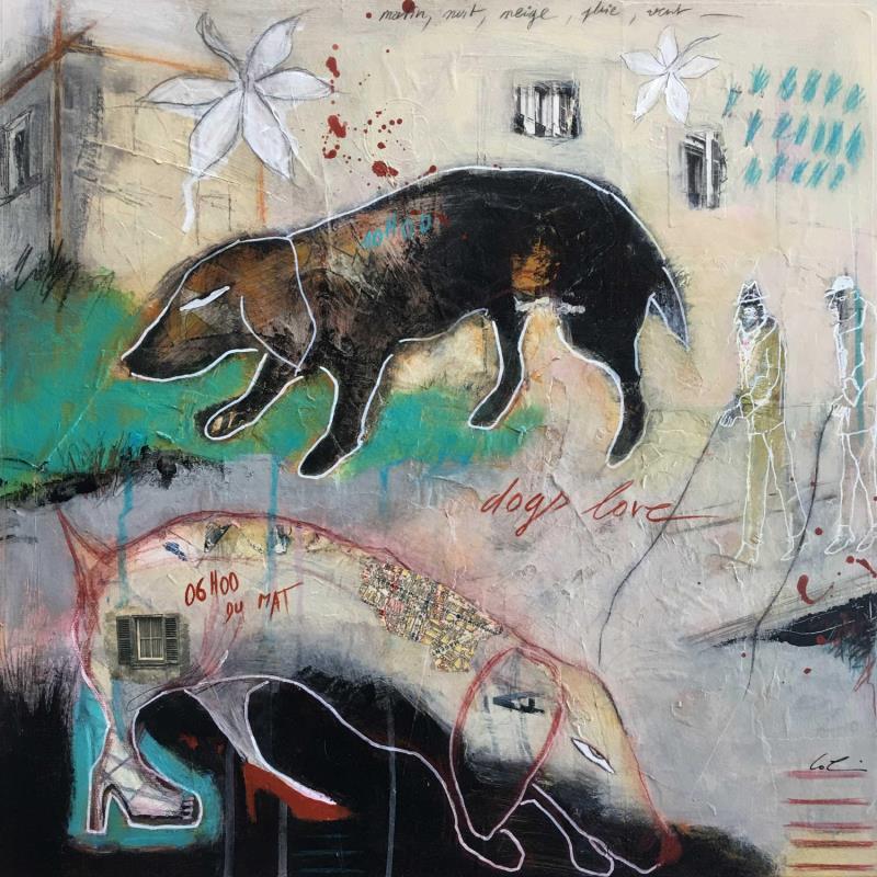 Peinture Dogs love par Colin Sylvie | Tableau Art Singulier Animaux Acrylique Collage Pastel