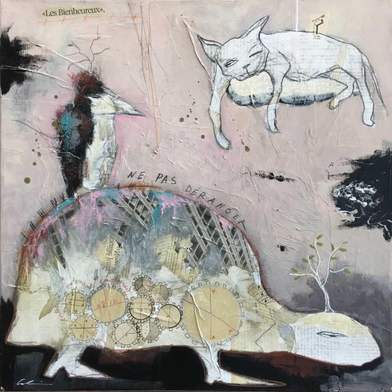 Gemälde Les bienheureux von Colin Sylvie | Gemälde Art brut Tiere Acryl Collage Pastell
