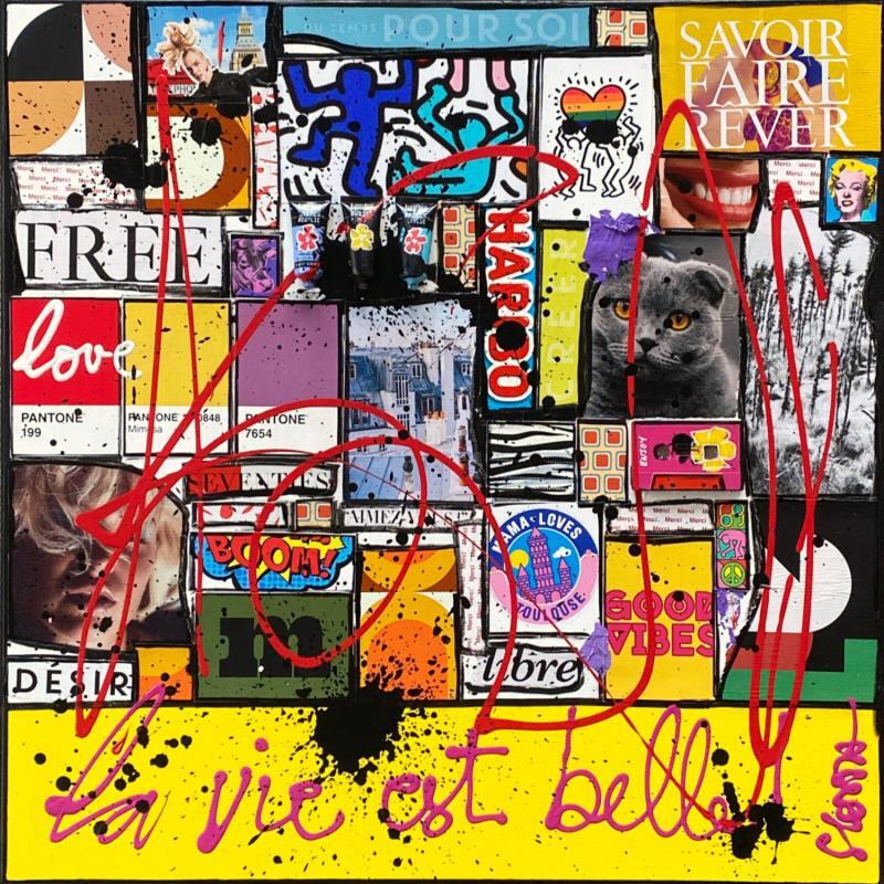 Painting La vie est belle by Costa Sophie | Painting Pop-art Acrylic Gluing Posca Upcycling