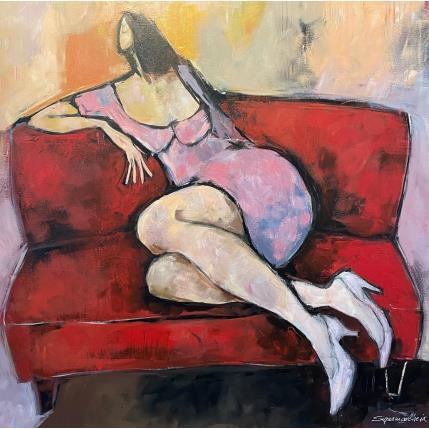 Painting Penelope (femme sur canapé rouge)  by Signamarcheix Bernard | Painting Figurative Acrylic, Cardboard, Ink Life style