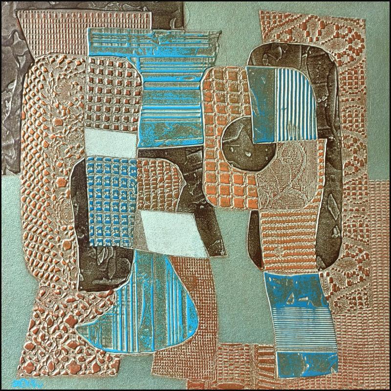 Peinture 702. RELIEF. Cuivre et bleu turquoise par Devie Bernard  | Tableau Abstrait Matiérisme Carton Acrylique