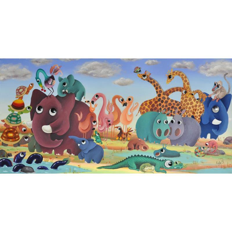 Peinture Le grand safari par Lennoz Raphaële | Tableau Art naïf Huile animaux