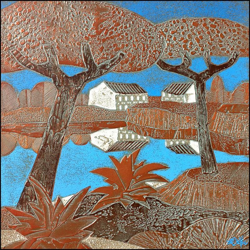 Peinture 703.  RIVAGE Cuivre et bleu par Devie Bernard  | Tableau Figuratif Matiérisme Paysages Carton Acrylique