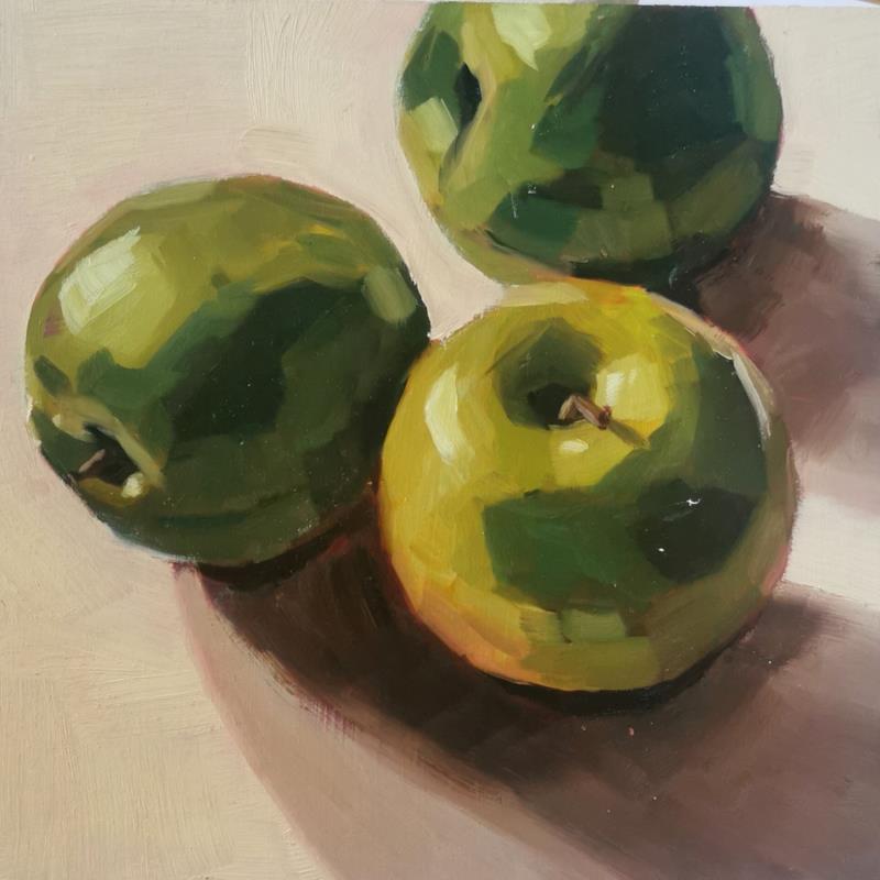 Peinture three apples - green par Ulrich Julia | Tableau Bois Huile