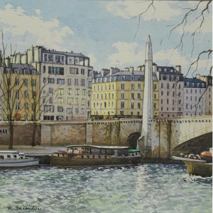 Gemälde Le pont de la Tournelle von Decoudun Jean charles | Gemälde Figurativ Aquarell Alltagsszenen, Landschaften, Urban