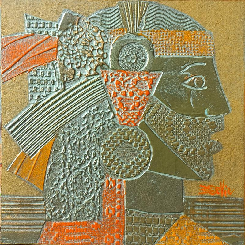 Peinture  401. PROFIL. Bronze et orange par Devie Bernard  | Tableau Figuratif Matiérisme Portraits Carton Acrylique