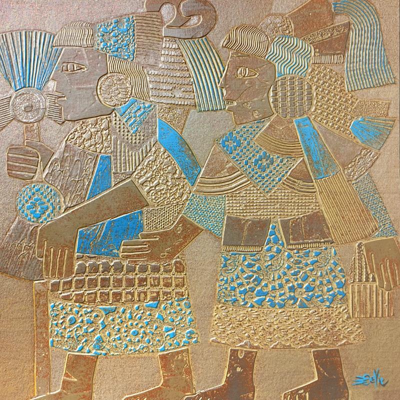 Painting 301. AZTEQUES. Fer et bleu by Devie Bernard  | Painting Figurative Subject matter Life style Cardboard Acrylic