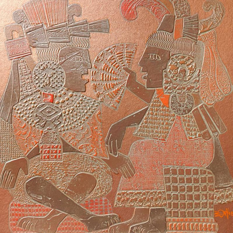 Peinture 701. AZTEQUES. Cuivre et orange par Devie Bernard  | Tableau Figuratif Matiérisme Scènes de vie Carton Acrylique