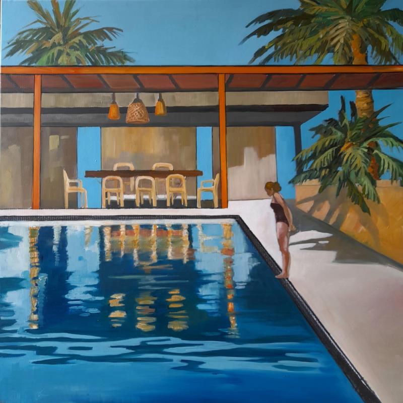 Peinture Rêverie à la piscine par Lorene Perez | Tableau Figuratif Huile scènes de vie